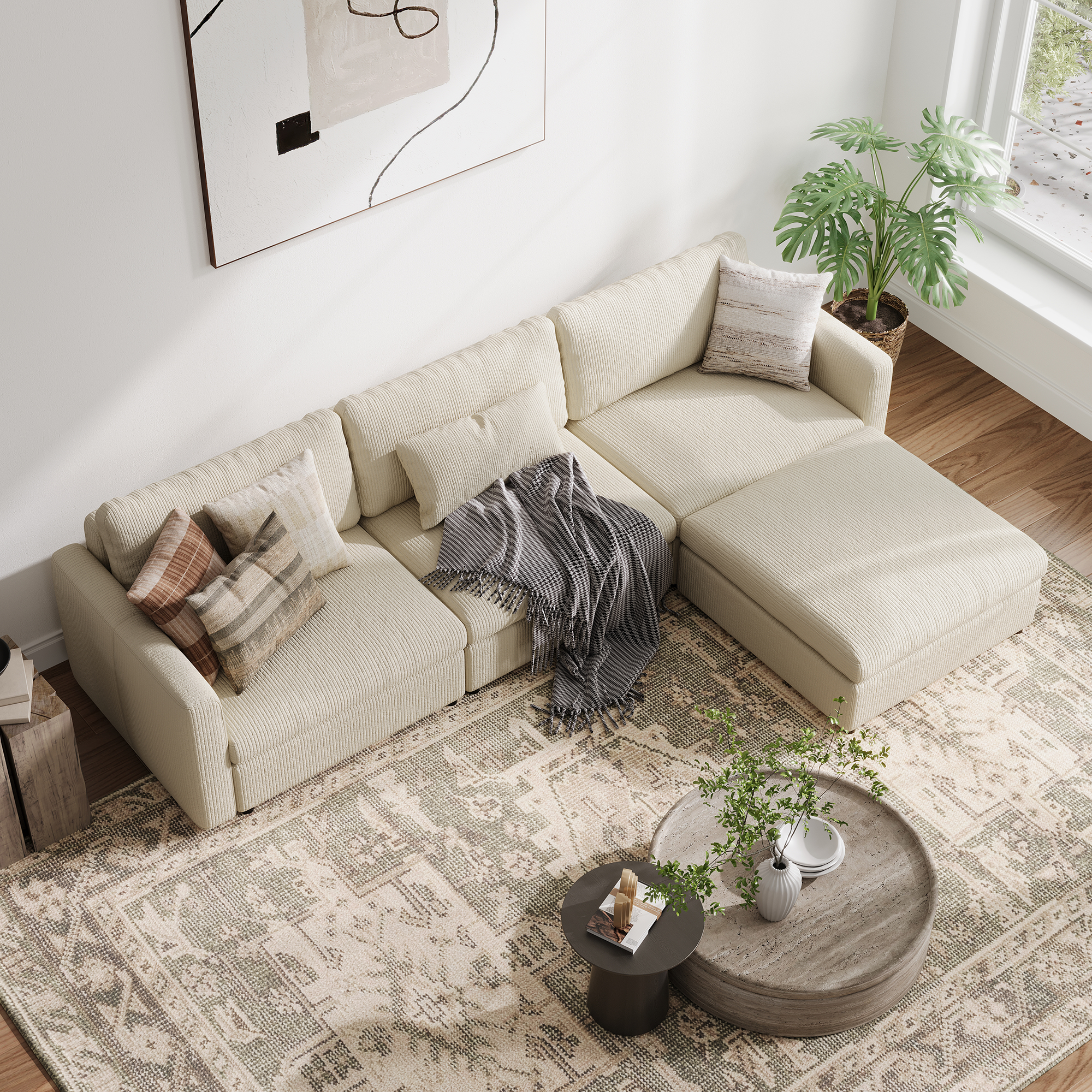 3-Seater + Ottoman Cream Corduroy Modular Sofa with Deep Seat