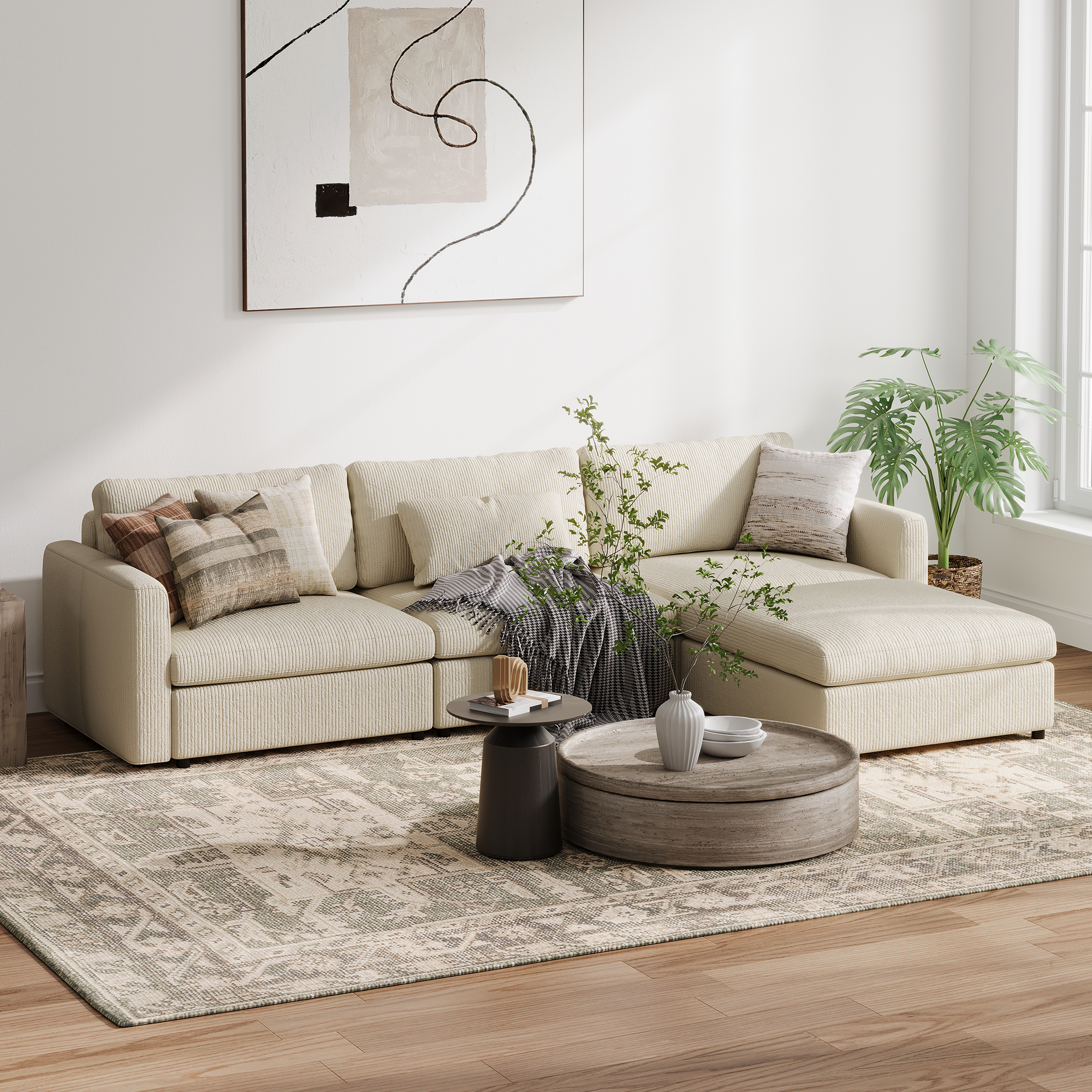 3-Seater + Ottoman Cream Corduroy Modular Sofa with Deep Seat