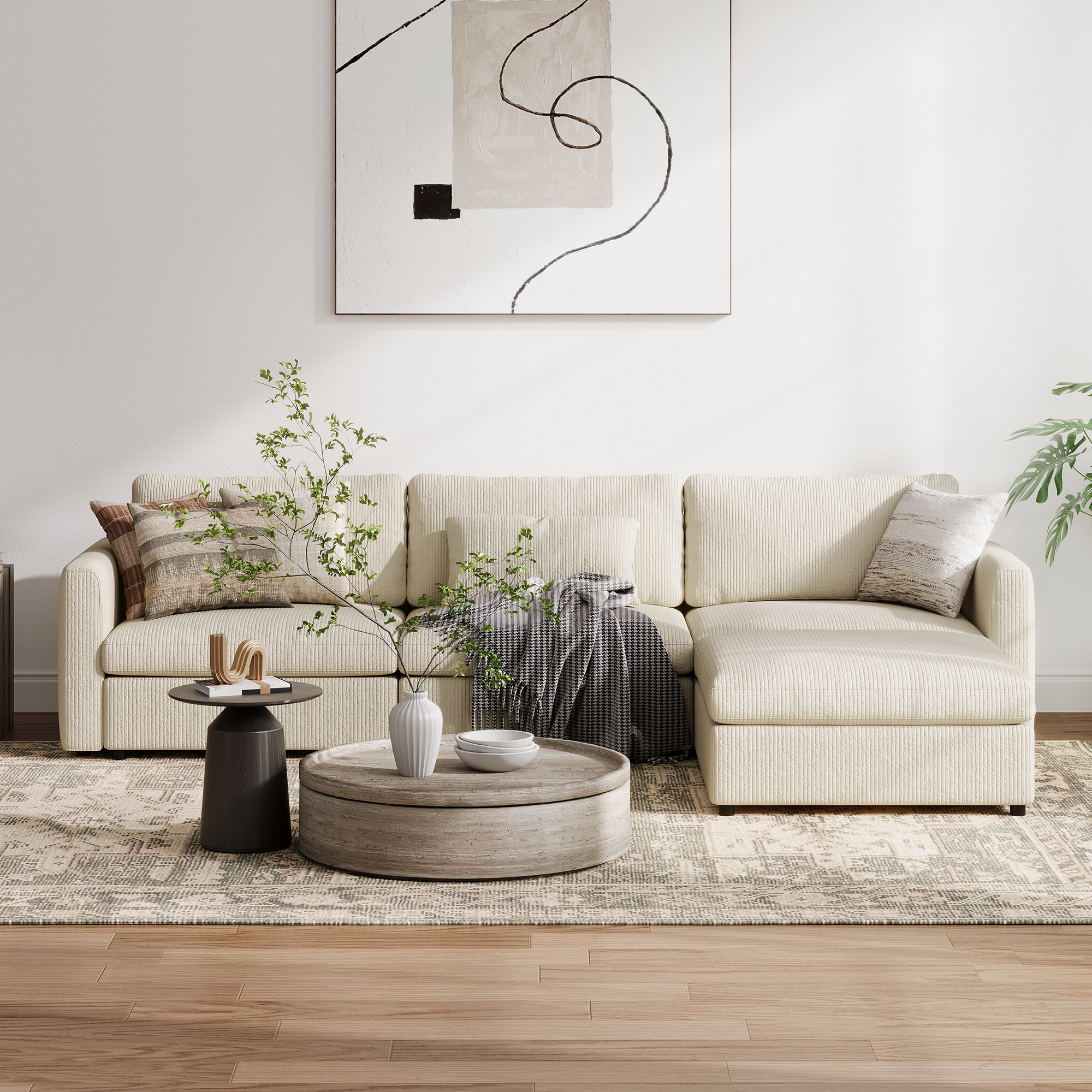 3-Seater + Ottoman Cream Corduroy Modular Sofa with Deep Seat