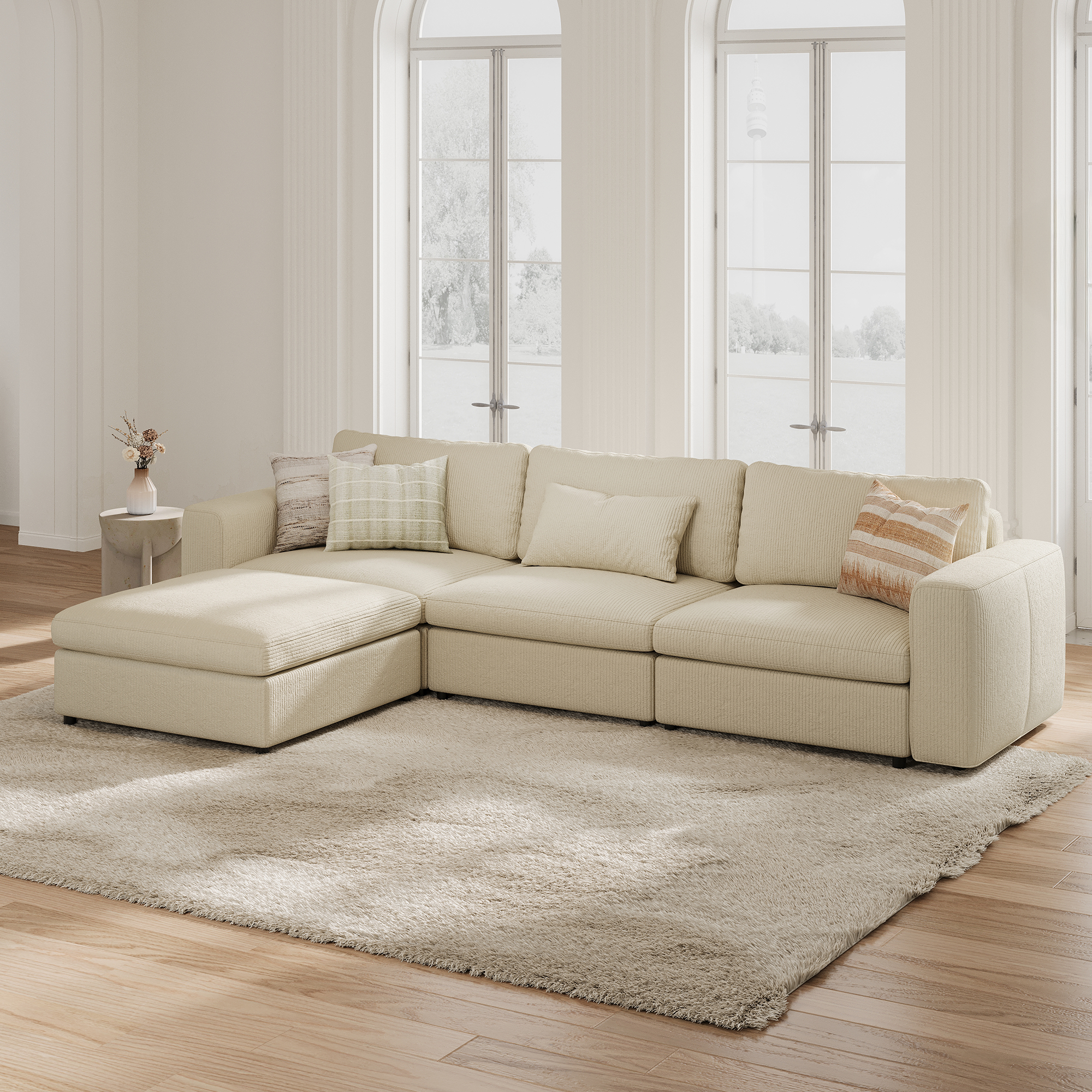 3-Seater + Ottoman Cream Corduroy Modular Sofa with Deep Seat