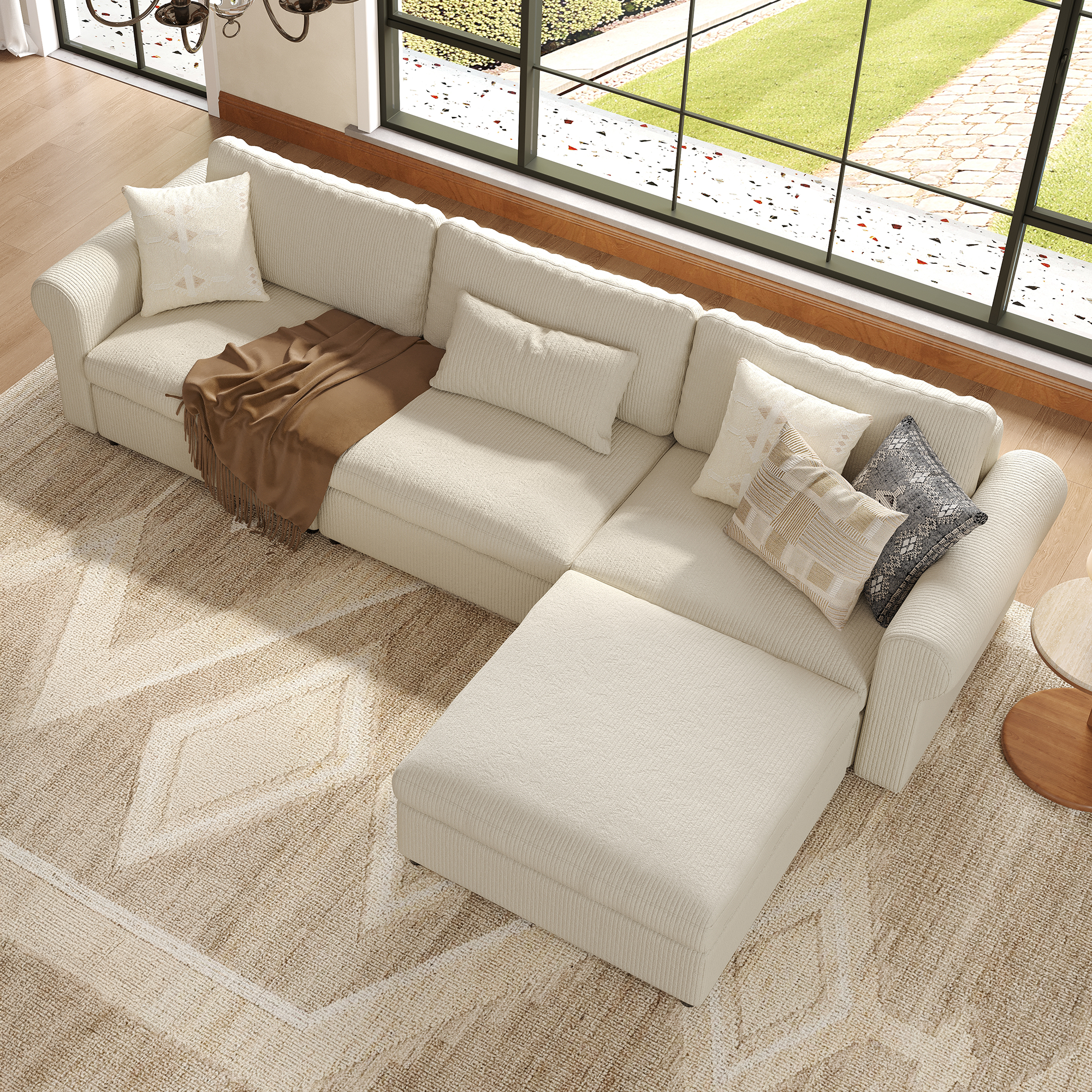 3-Seater + Ottoman Cream Corduroy Modular Sofa with Deep Seat