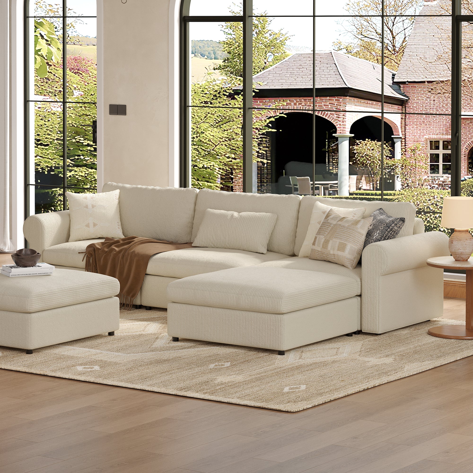 3-Seater + Ottoman Cream Corduroy Modular Sofa with Deep Seat