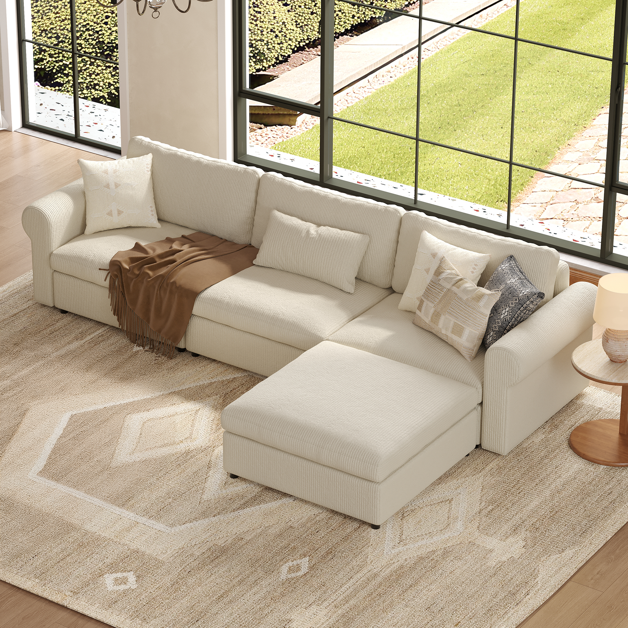 3-Seater + Ottoman Cream Corduroy Modular Sofa with Deep Seat