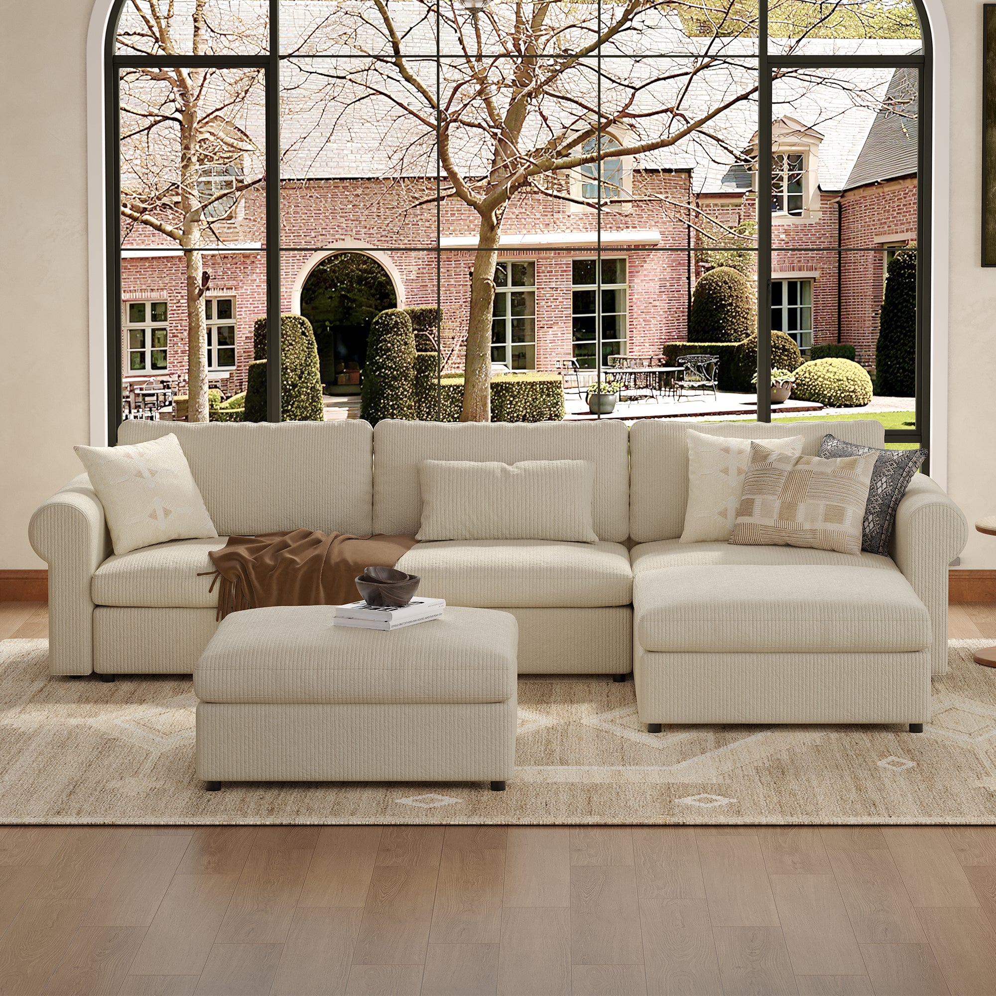 3-Seater + Ottoman Cream Corduroy Modular Sofa with Deep Seat