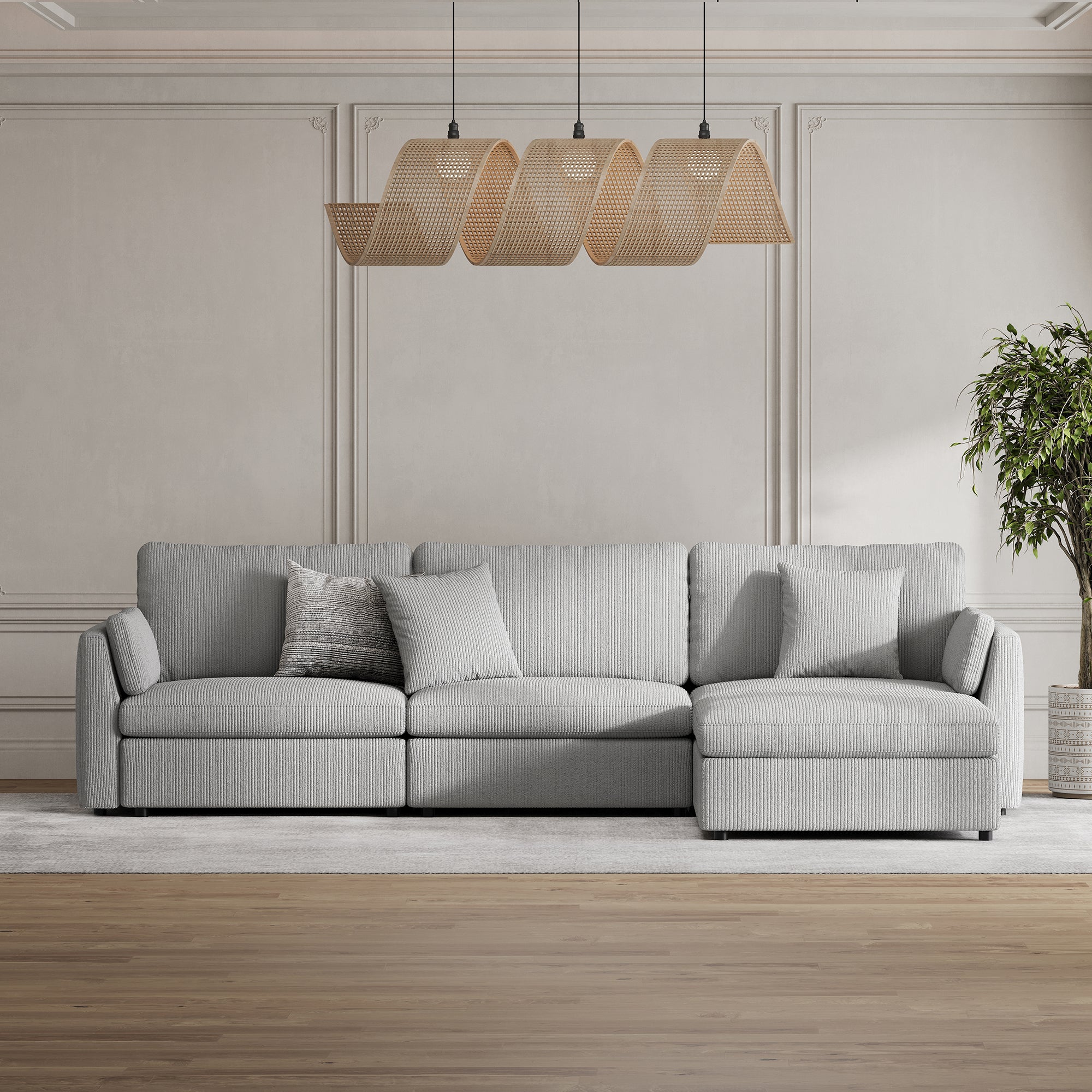 3-Seater + Ottoman Dove Grey Corduroy Modular Sofa with Deep Seat