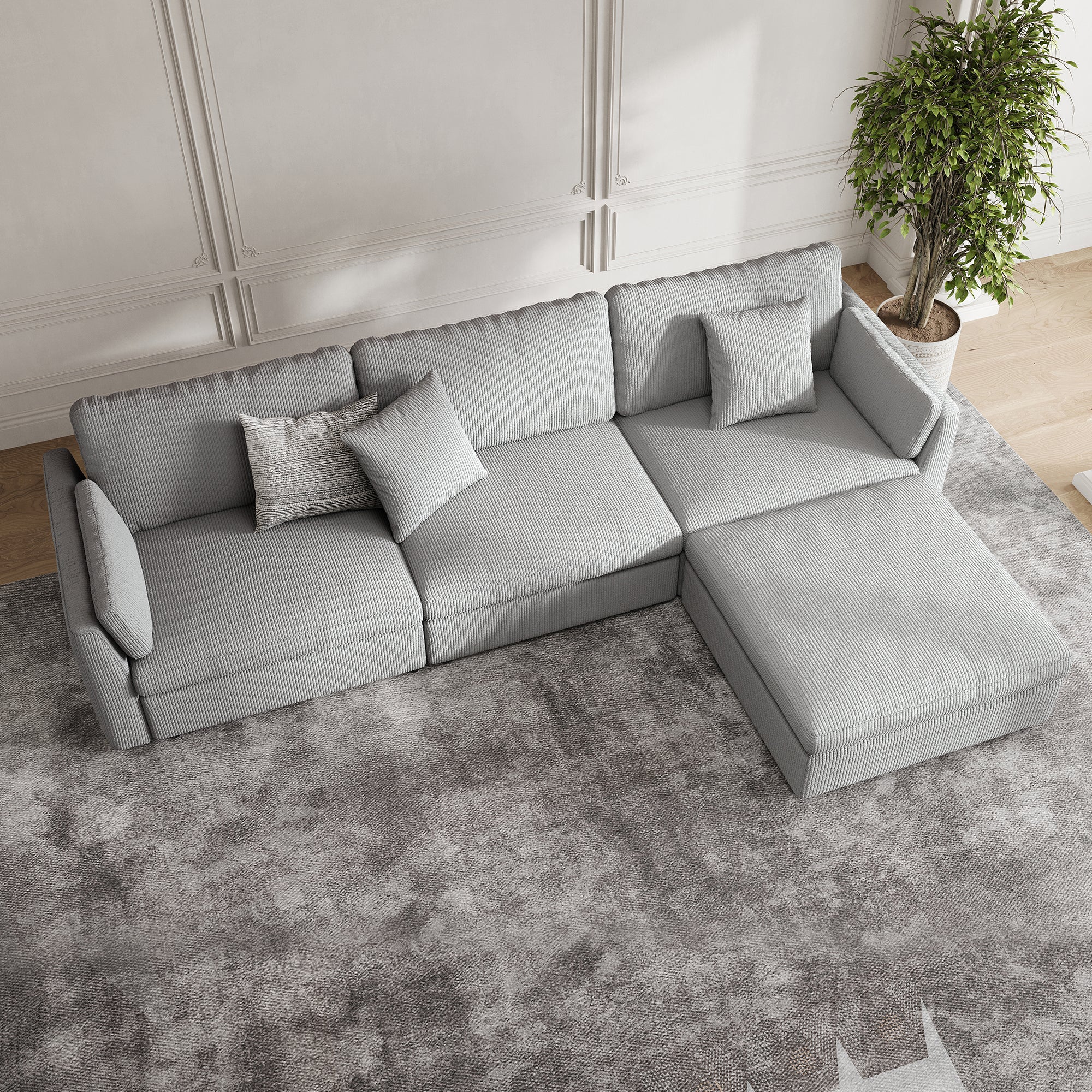3-Seater + Ottoman Dove Grey Corduroy Modular Sofa with Deep Seat
