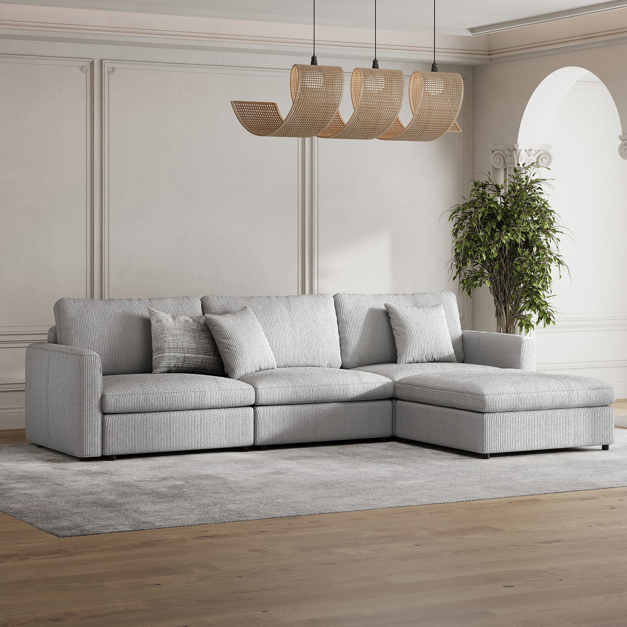 3-Seater + Ottoman Dove Grey Corduroy Modular Sofa with Deep Seat