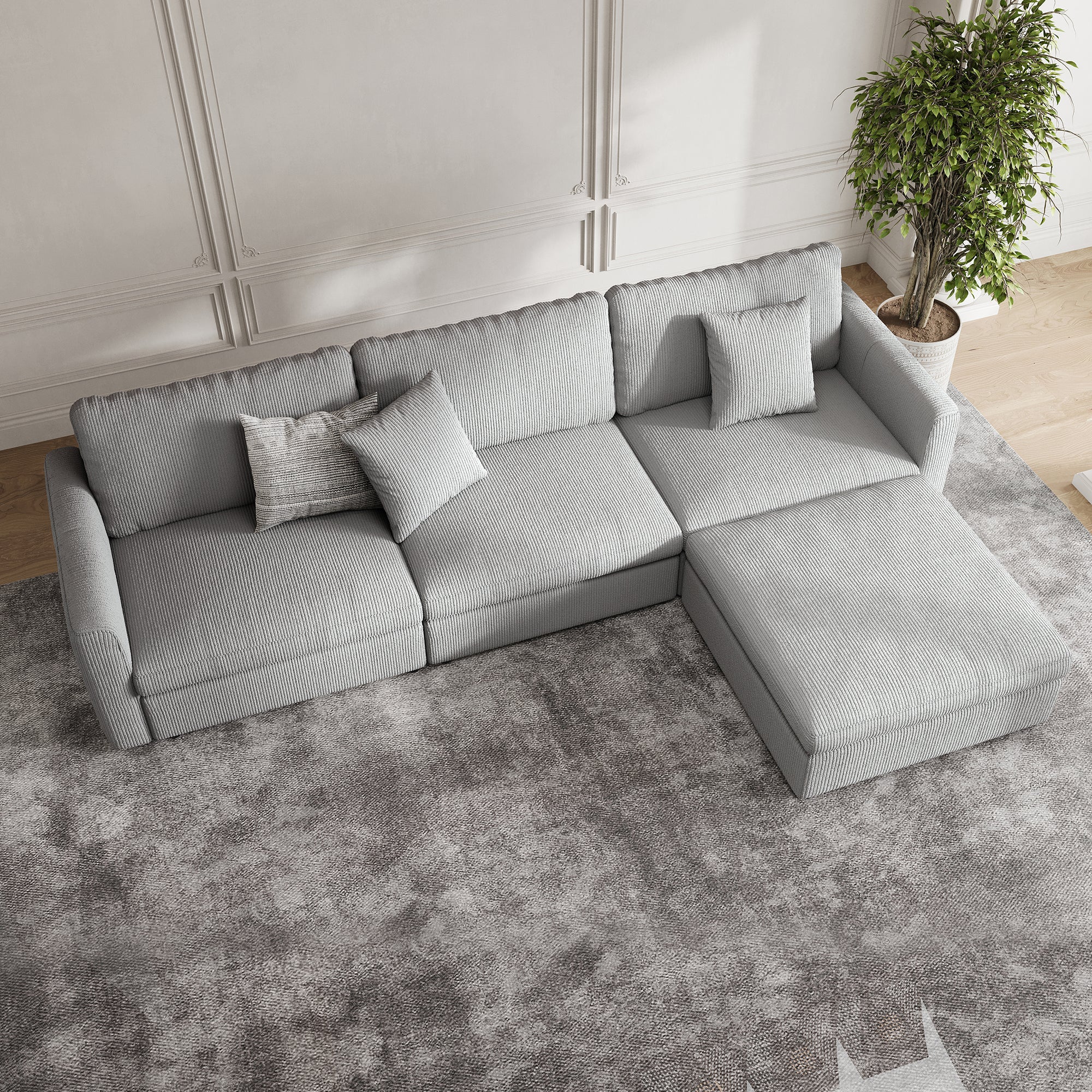 3-Seater + Ottoman Dove Grey Corduroy Modular Sofa with Deep Seat