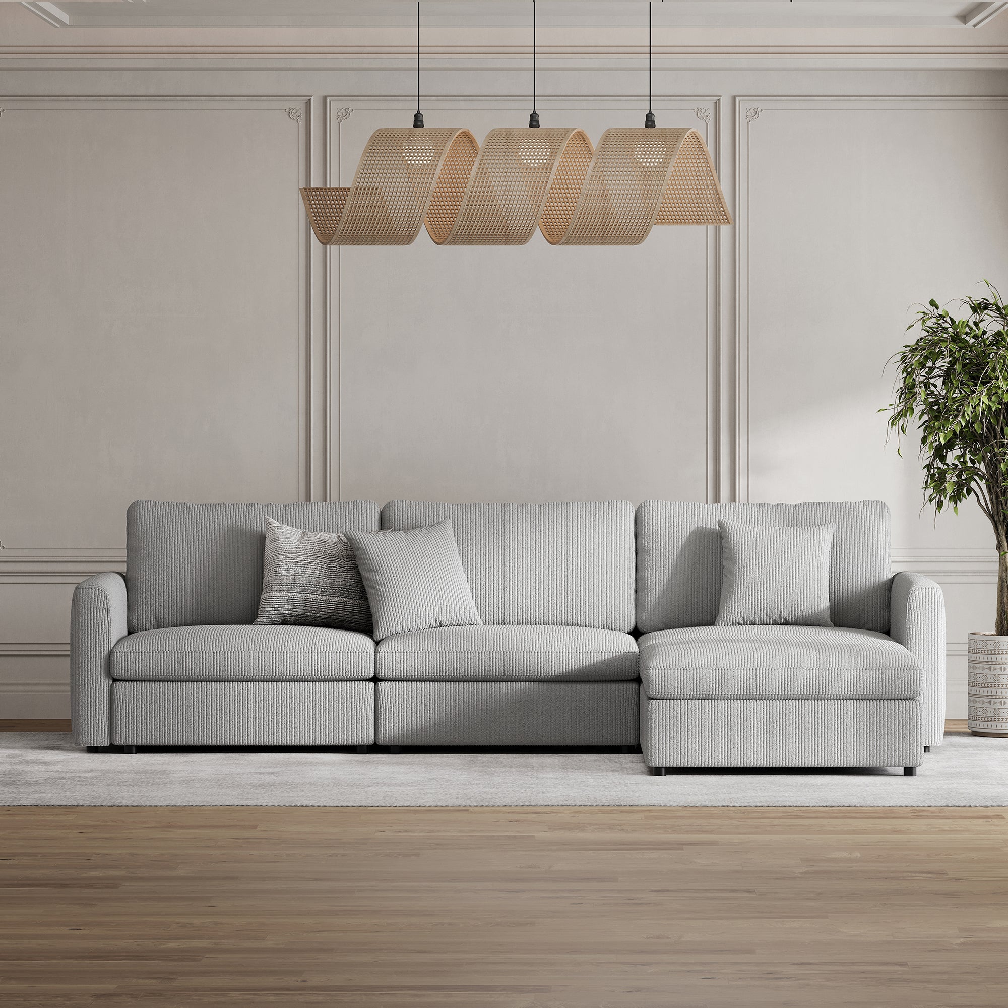 3-Seater + Ottoman Dove Grey Corduroy Modular Sofa with Deep Seat