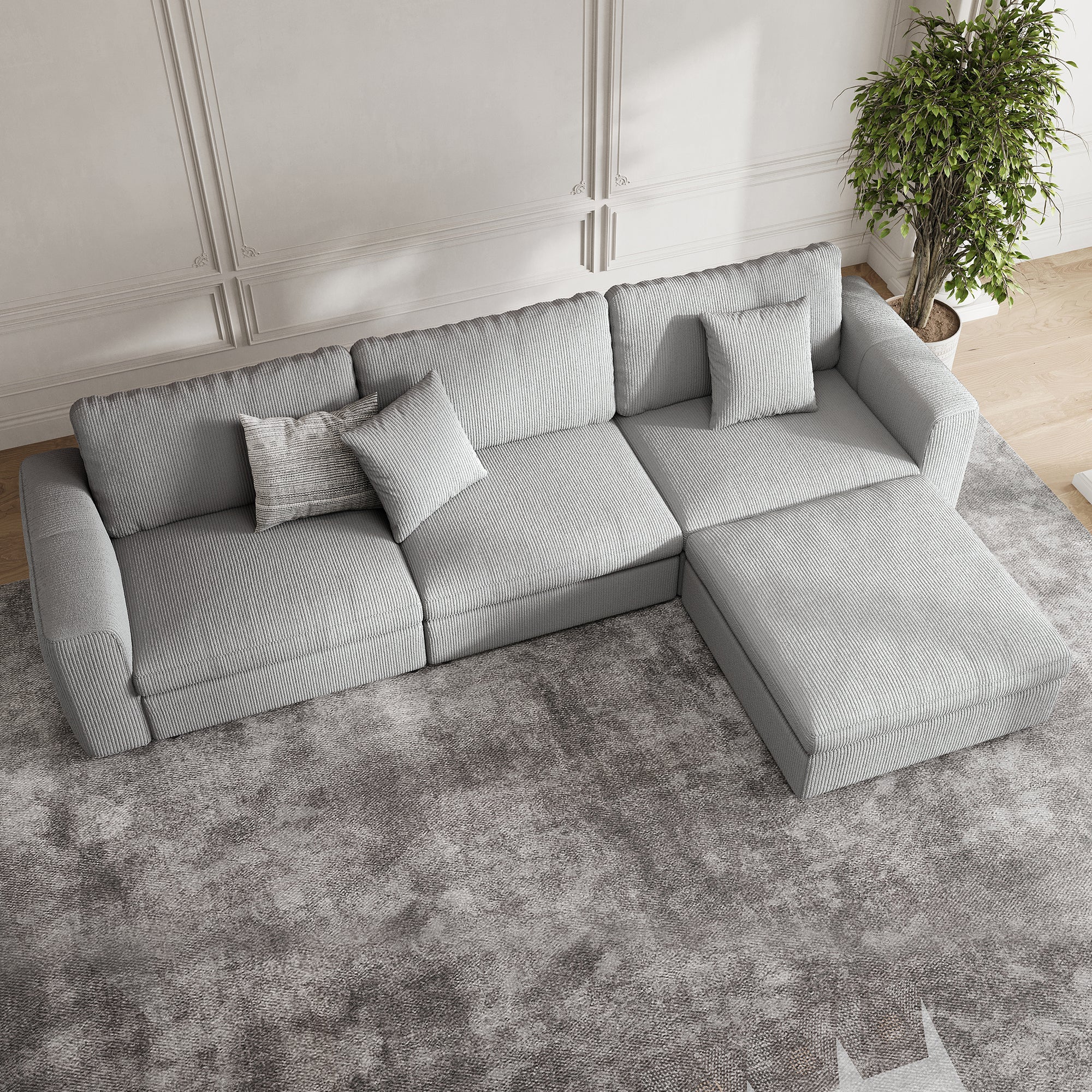 3-Seater + Ottoman Dove Grey Corduroy Modular Sofa with Deep Seat