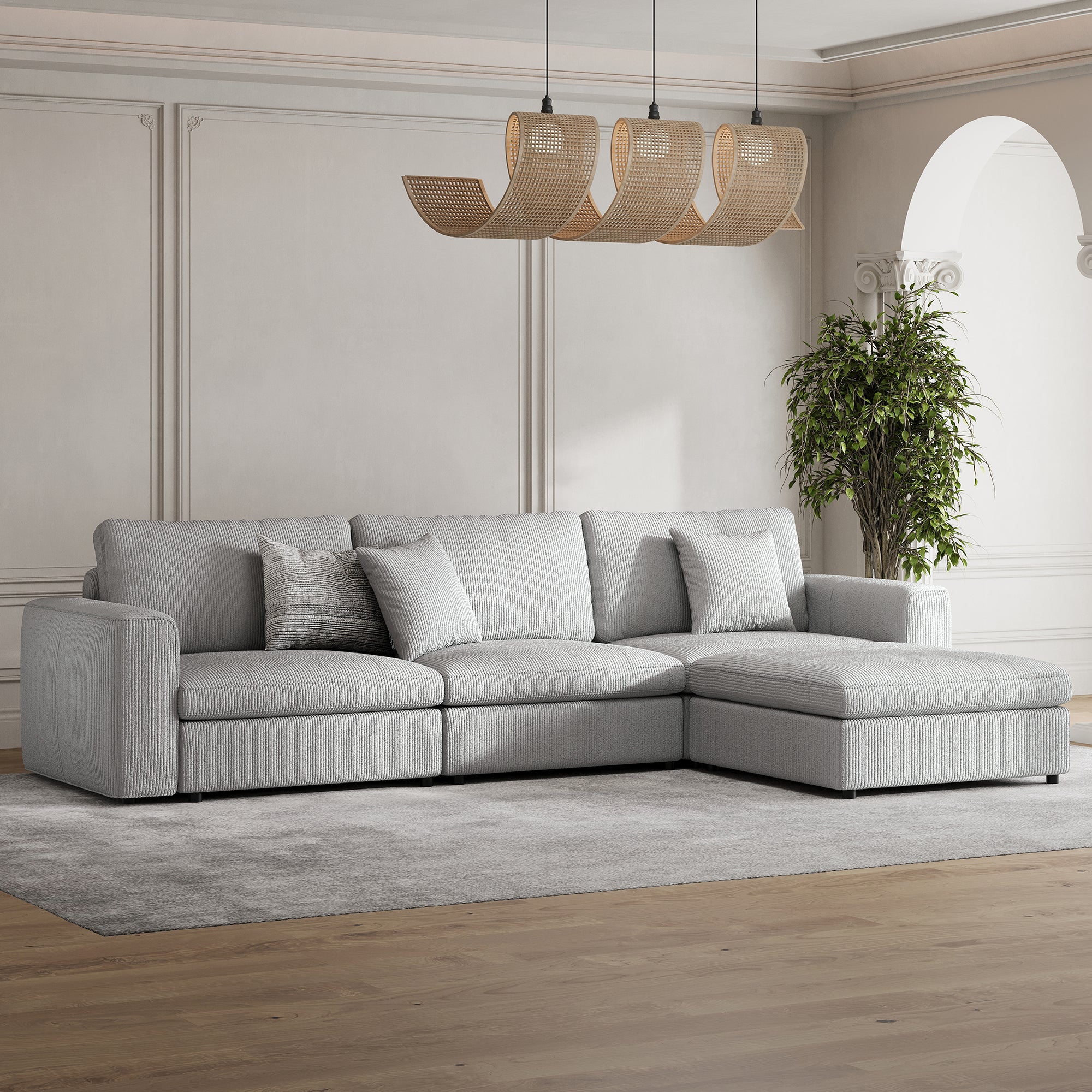 3-Seater + Ottoman Dove Grey Corduroy Modular Sofa with Deep Seat