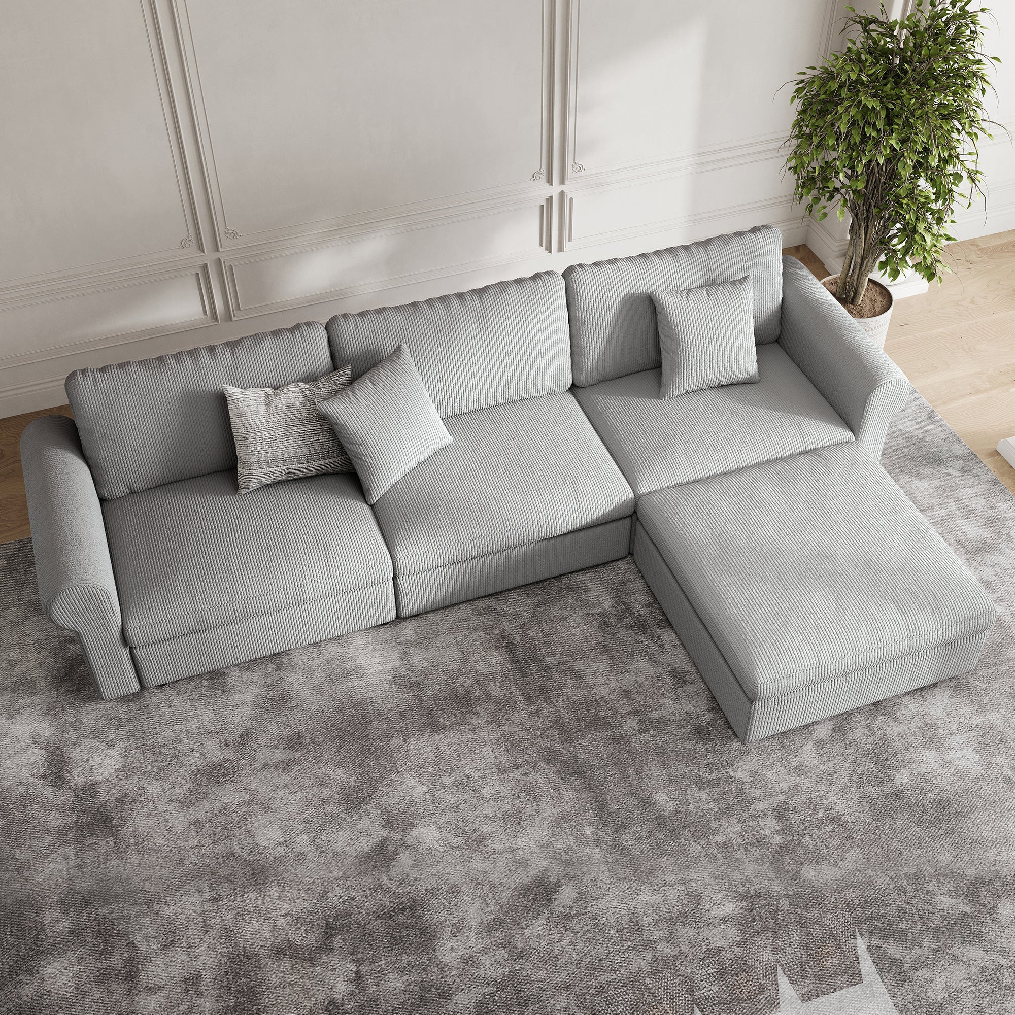 3-Seater + Ottoman Dove Grey Corduroy Modular Sofa with Deep Seat