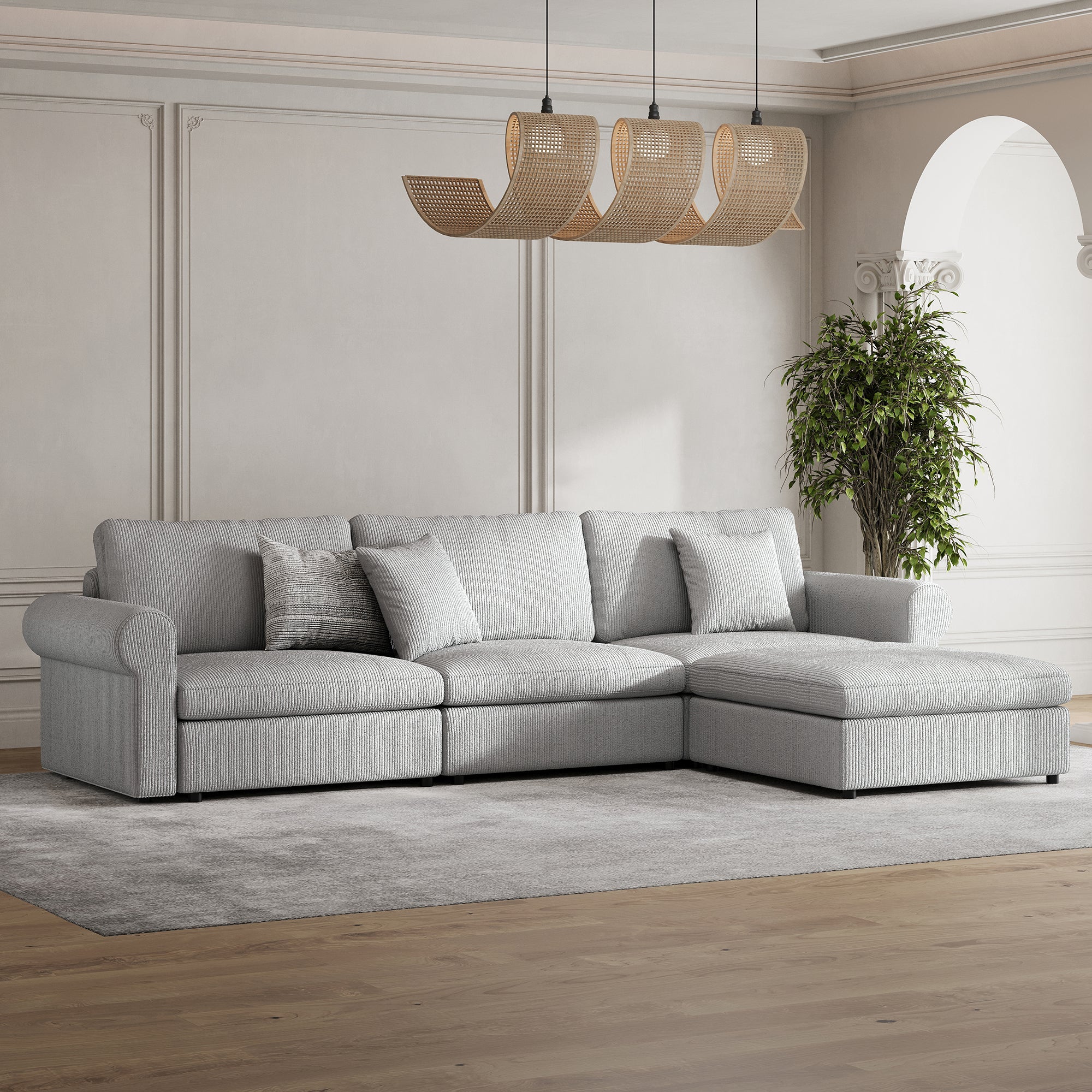 3-Seater + Ottoman Dove Grey Corduroy Modular Sofa with Deep Seat