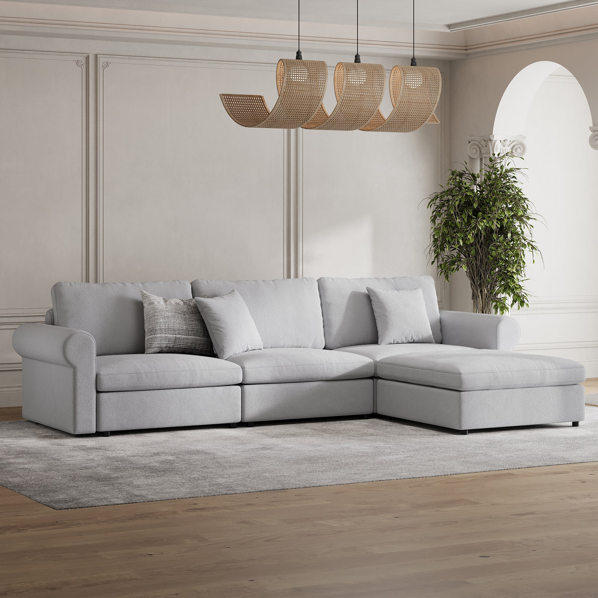 3-Seater + Ottoman Dove Grey Chenille Modular Sofa with Wide Seat