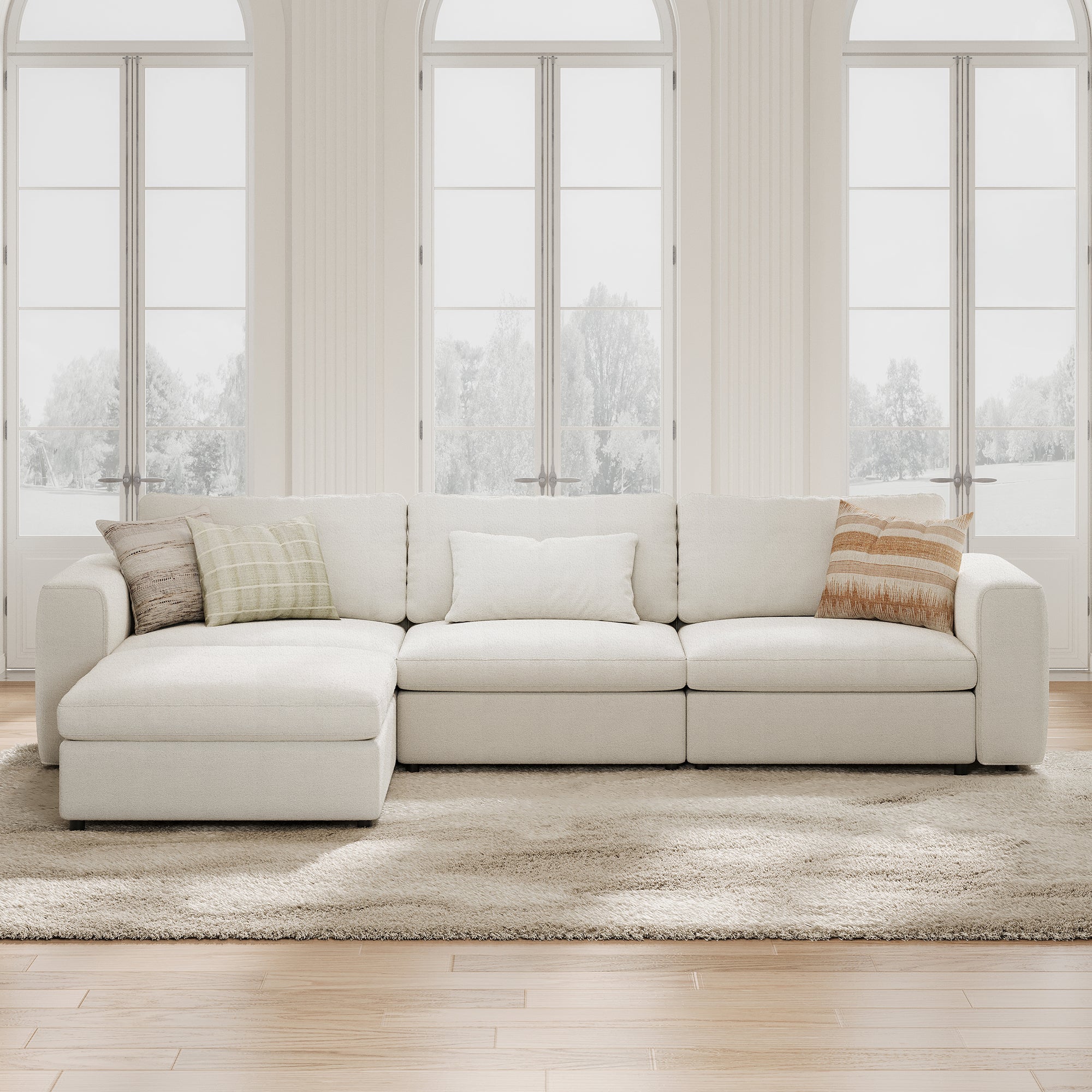 3-Seater + Ottoman Cream Chenille Modular Sofa with Deep Seat