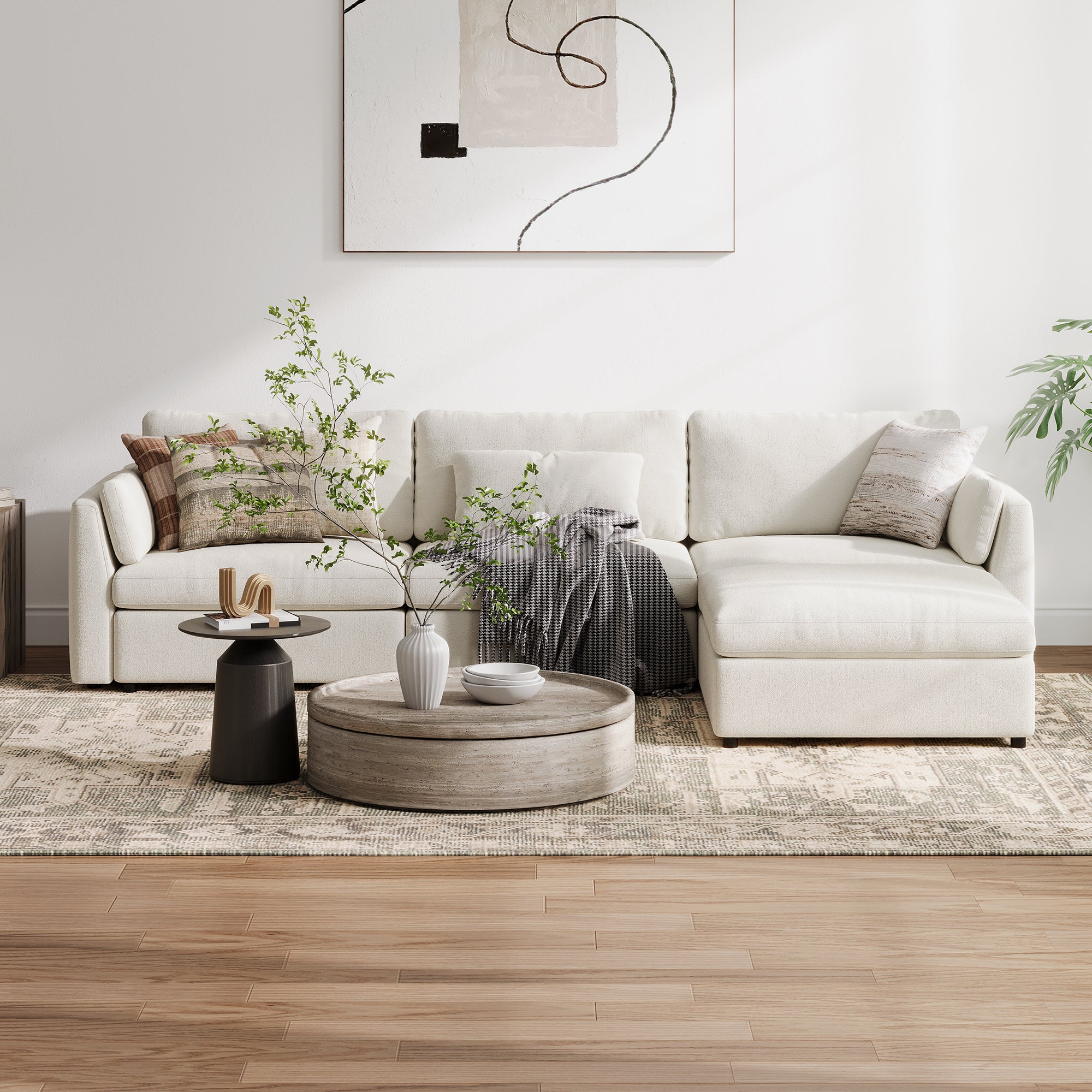 3-Seater + Ottoman Cream Chenille Modular Sofa with Deep Seat