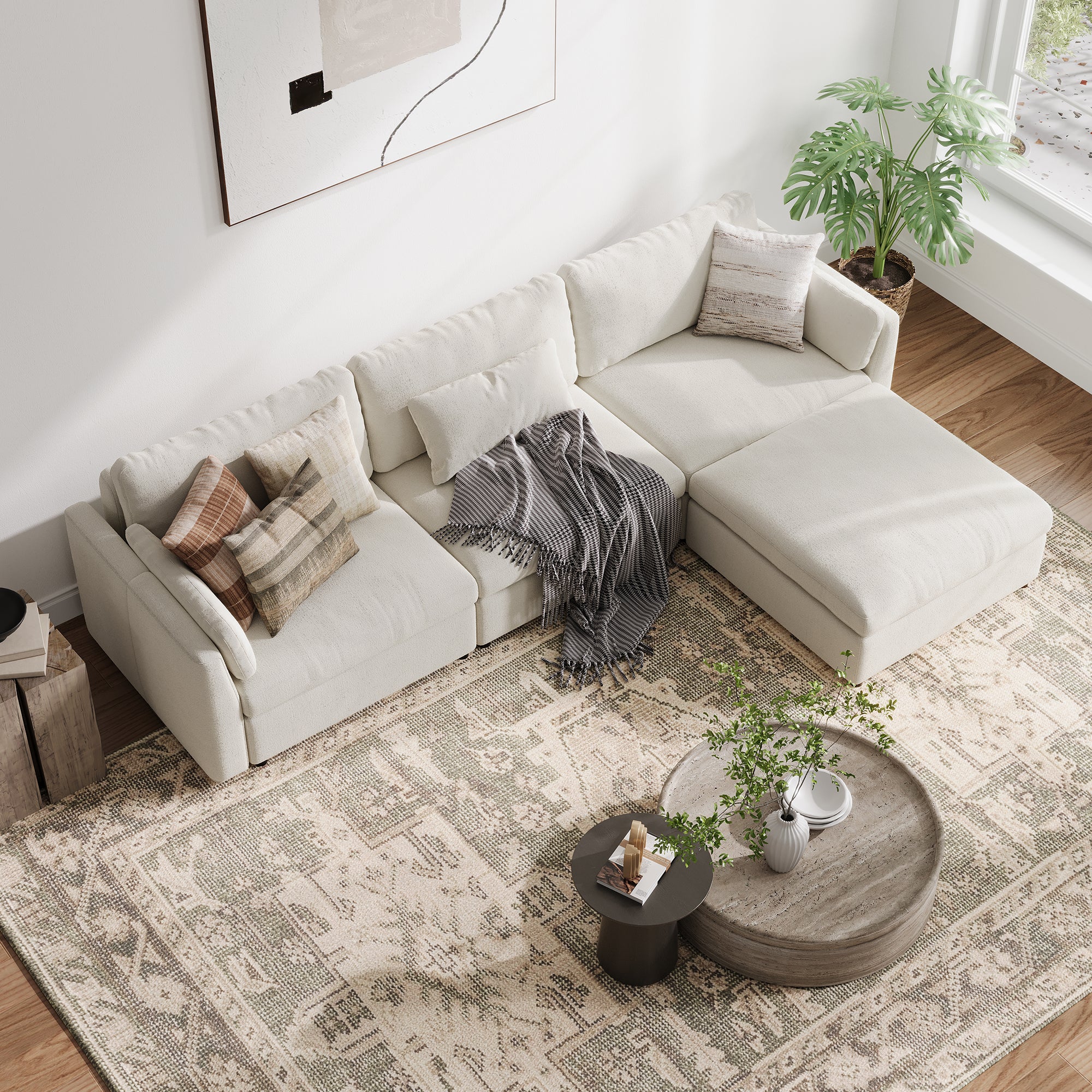 3-Seater + Ottoman Cream Chenille Modular Sofa with Deep Seat