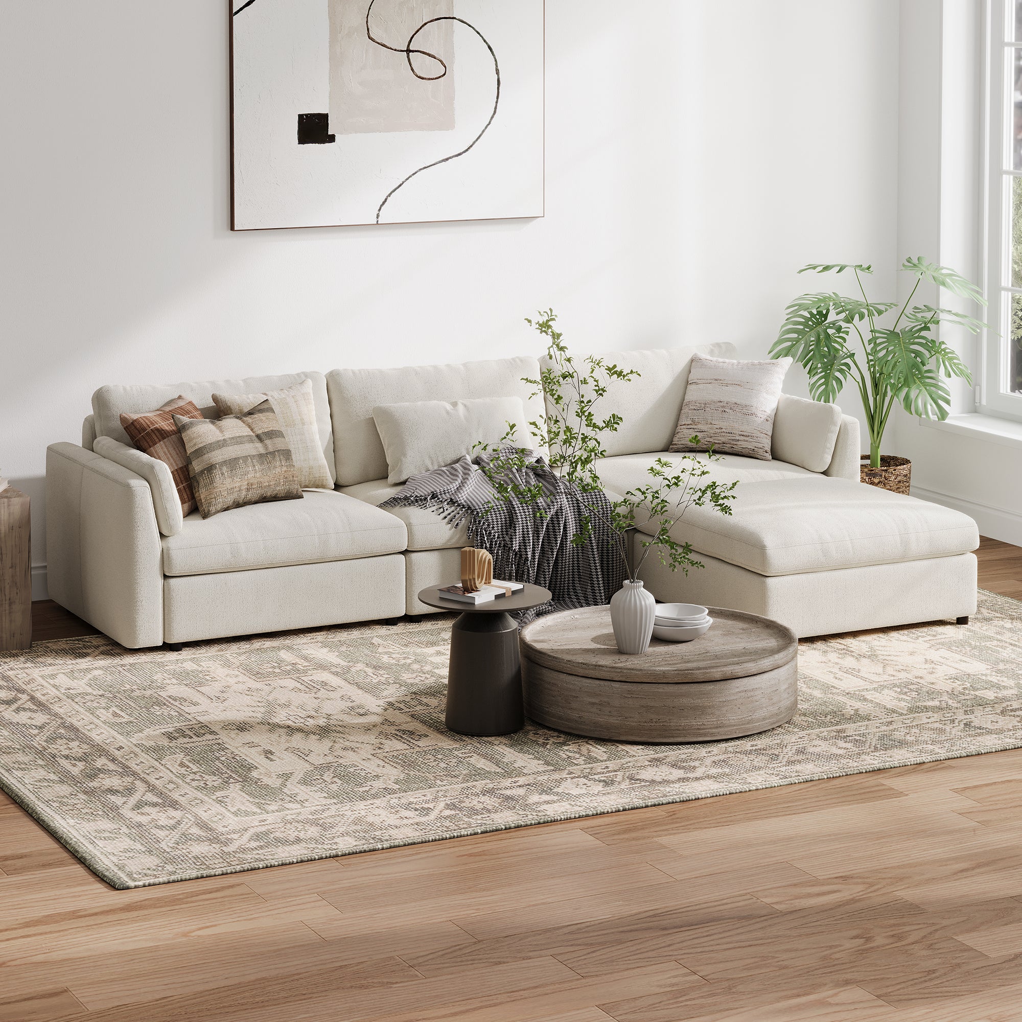 3-Seater + Ottoman Cream Chenille Modular Sofa with Deep Seat