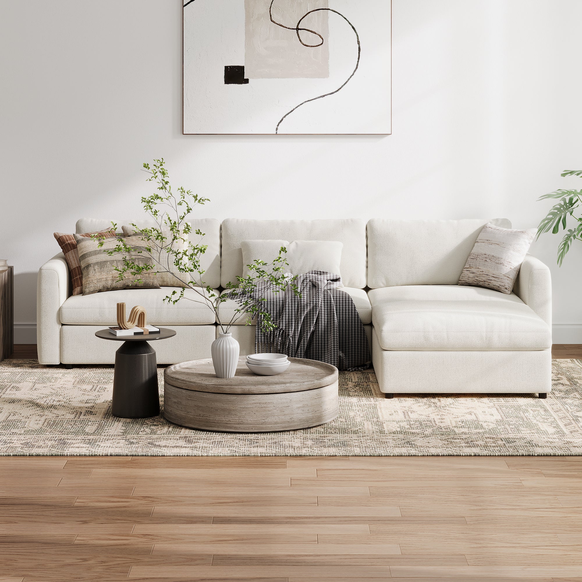 3-Seater + Ottoman Cream Chenille Modular Sofa with Deep Seat