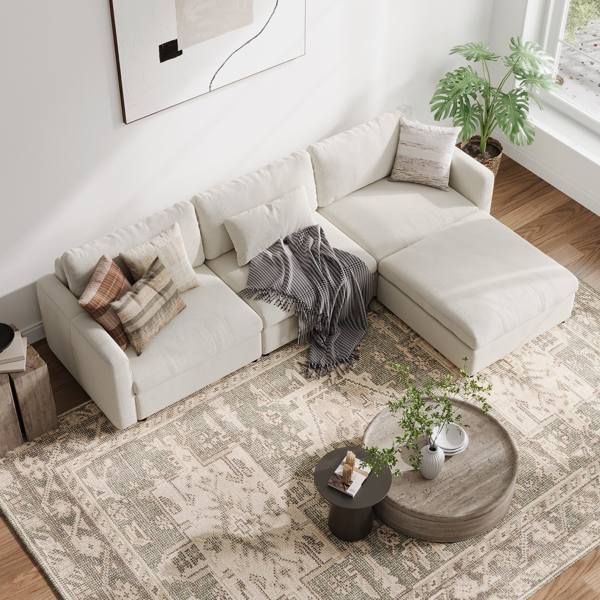 3-Seater + Ottoman Cream Chenille Modular Sofa with Deep Seat