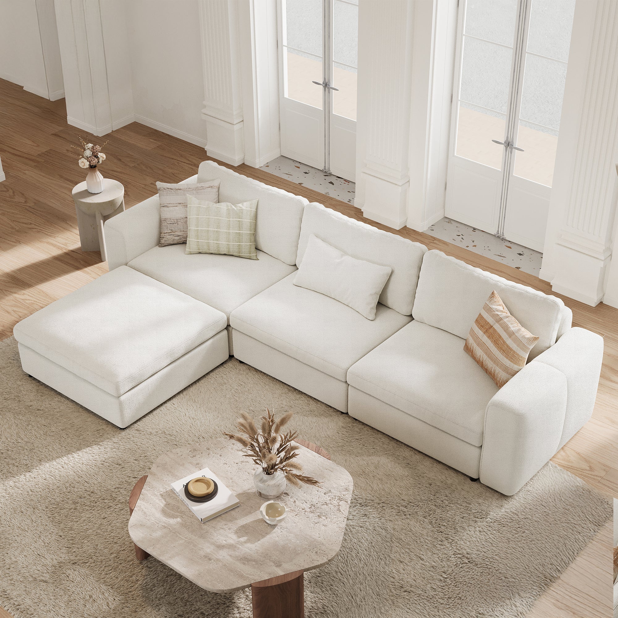 3-Seater + Ottoman Cream Chenille Modular Sofa with Deep Seat