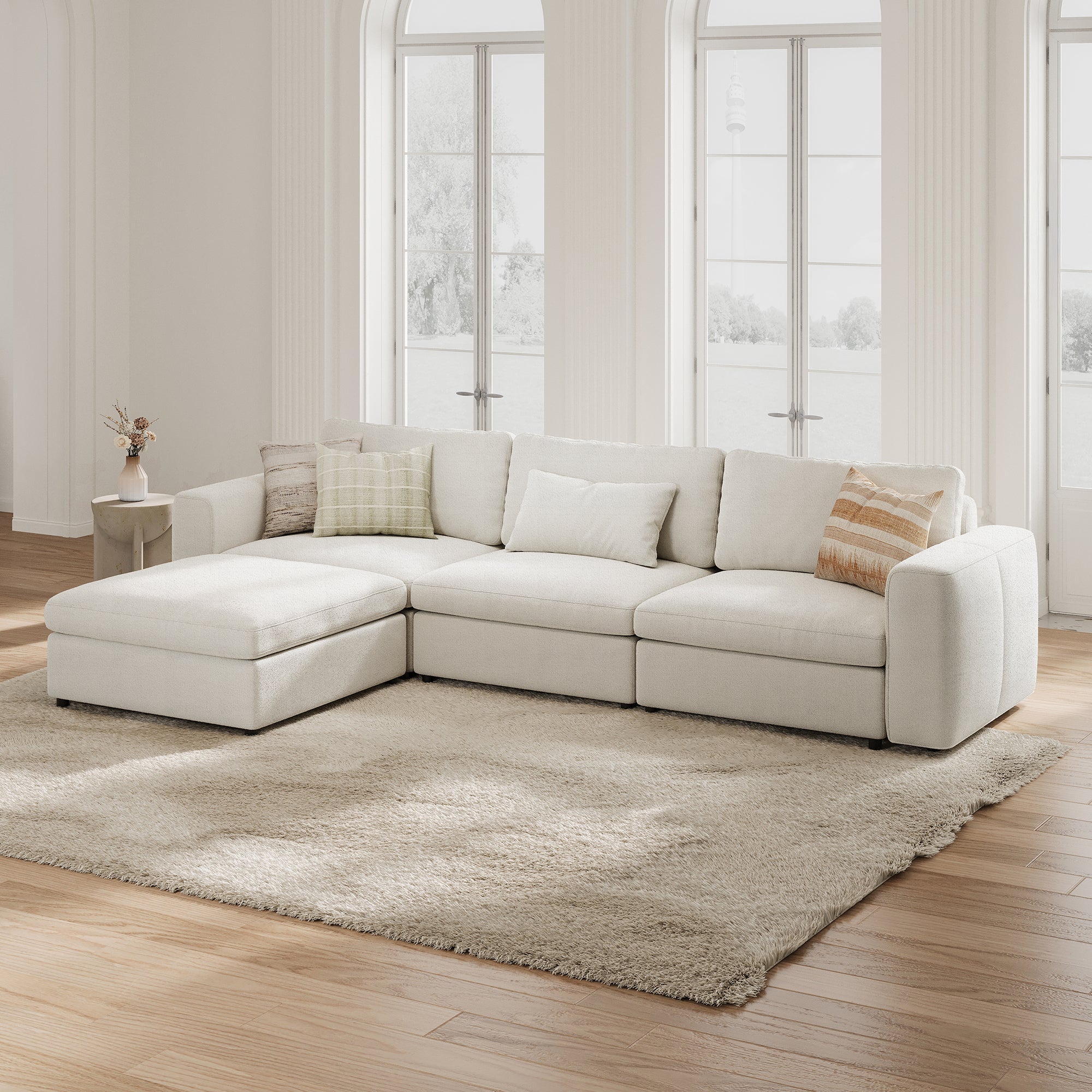 3-Seater + Ottoman Cream Chenille Modular Sofa with Deep Seat
