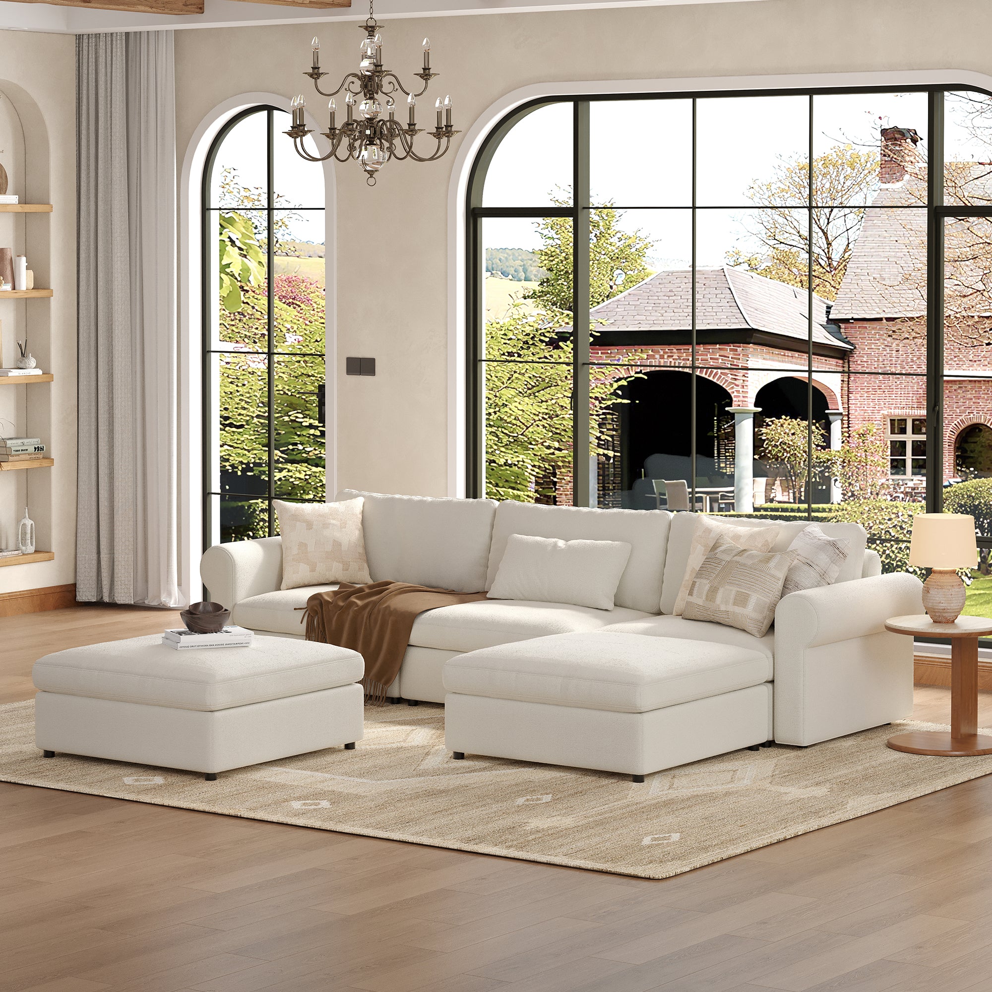 3-Seater + Ottoman Cream Chenille Modular Sofa with Deep Seat