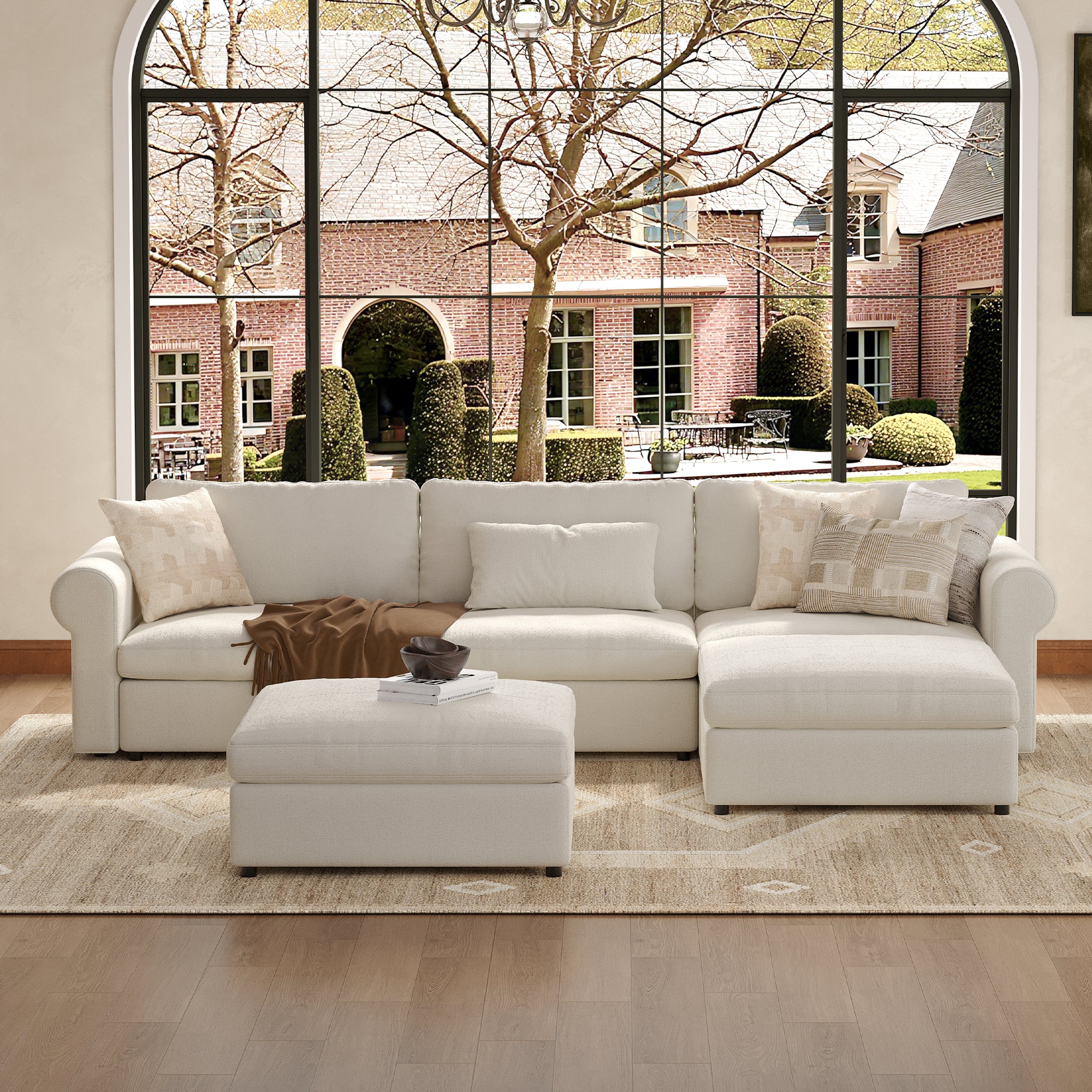 3-Seater + Ottoman Cream Chenille Modular Sofa with Deep Seat