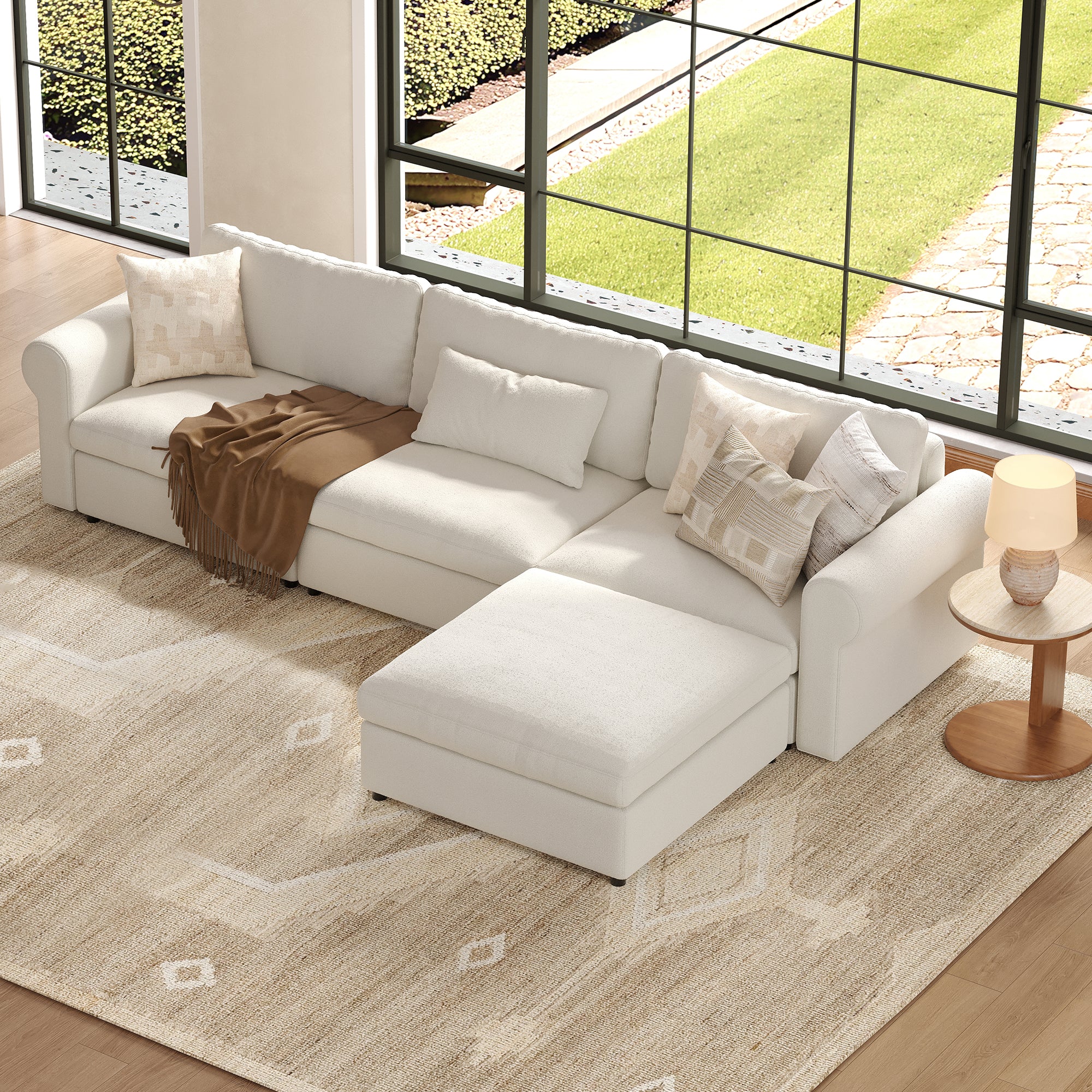 3-Seater + Ottoman Cream Chenille Modular Sofa with Deep Seat