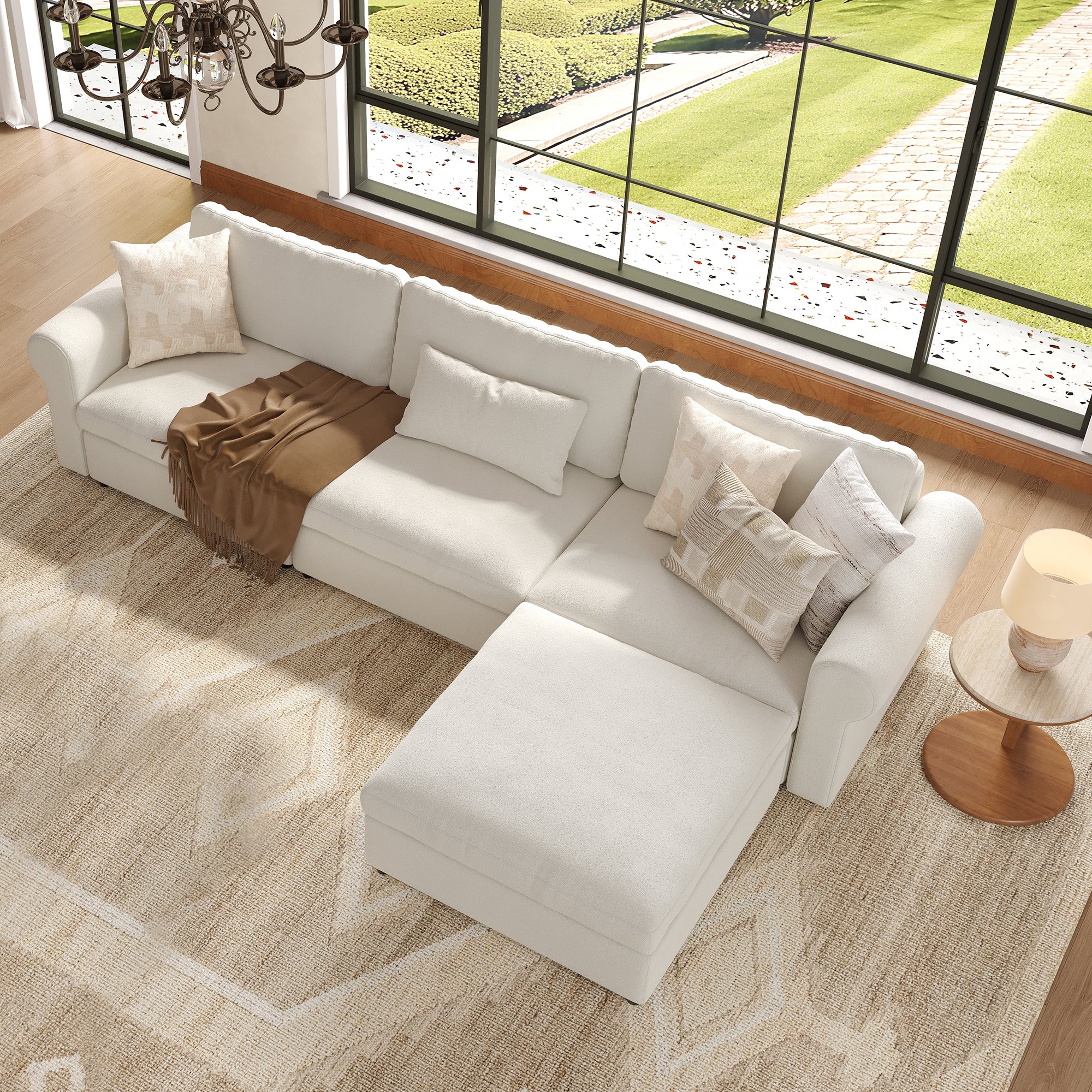 3-Seater + Ottoman Cream Chenille Modular Sofa with Deep Seat